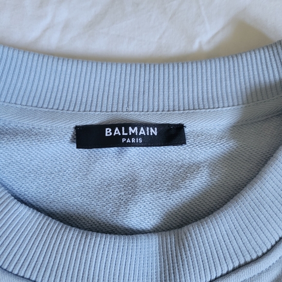 Balmain 3 Gold Button Logo Text Cropped Sweatshirt Size L Blue - Picture 8 of 14